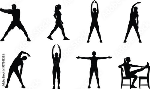 Set of stretching and warm up exercise silhouettes including standing poses and chair stretch isolated black vector illustration for fitness design