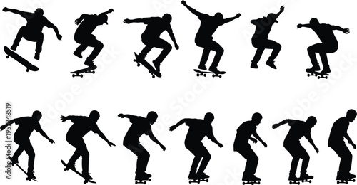 Skateboarder silhouettes performing tricks and jumps in sequence isolated black vector illustration for extreme sport action and street lifestyle design
