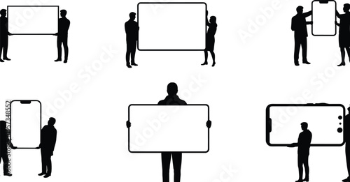 Silhouettes of people holding blank boards, smartphone screens and presentation panels, advertising mockup display templates for marketing and design use