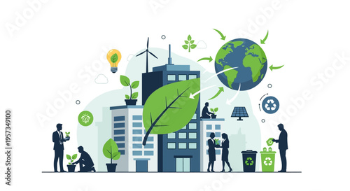 Eco-friendly city concept, sustainable urban development, green energy, planet earth illustration