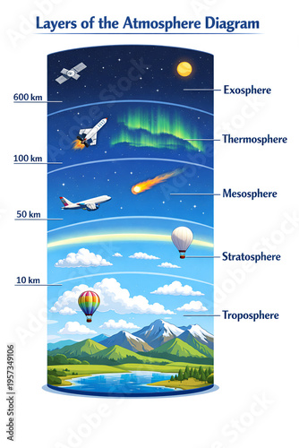 Earth Atmosphere Layers Diagram Showing Troposphere to Exosphere with Altitude