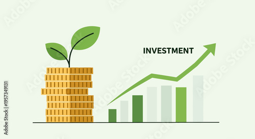 Financial Growth: Stack of Coins with Growing Plant and Upward Trend Graph