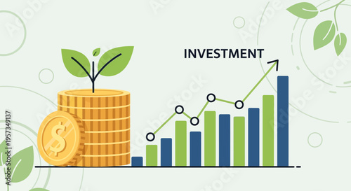 Investment growth chart with stack of coins and plant sprout