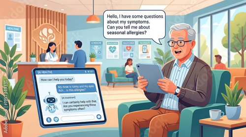 Vector scene of patient asking health question to AI assistant on tablet