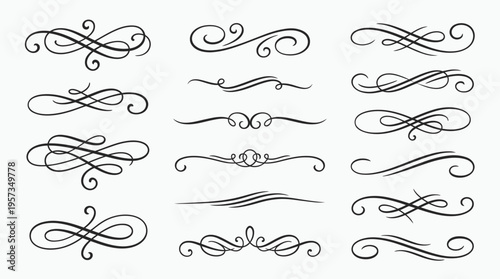 Set of elegant black calligraphic flourishes and decorative divider swirls on plain white background, concept for luxury wedding invitations, vintage book design and certificate ornamentation