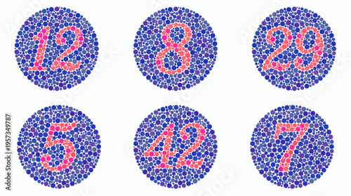 Set of color blindness test circles showing numbers twelve eight twenty nine five forty two and seven in pink dots, concept for ophthalmology diagnosis, vision screening and medical education