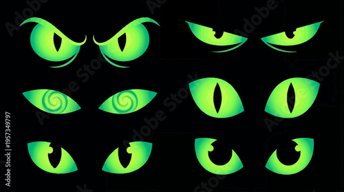 Set of glowing neon green spooky monster and feline eyes with various expressions isolated on black background, concept for Halloween graphic design, horror movie poster and gaming assets