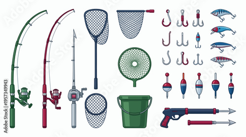 various fishing gear equipment collection featuring rods with reels landing nets lures hooks and bucket isolated on white background, concept for hobby activities outdoor recreation and sports shop