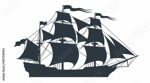 Silhouette of a classic vintage sailing ship with multiple masts and sails on a clean white background, concept for nautical branding, maritime logo design and history education