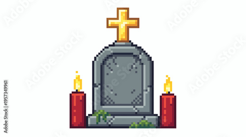 Pixel art illustration of a stone tombstone with a golden cross and burning candles on a white background, concept for cemetery game assets, memorial invitations and halloween graphics