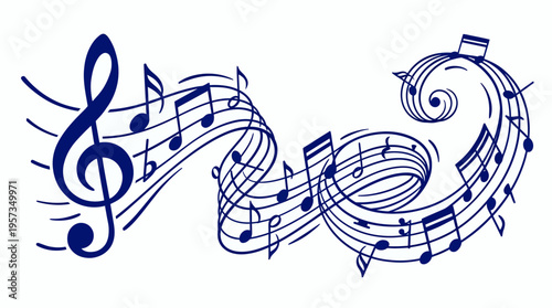 Blue musical notes and treble clef swirling on flowing stave lines over a clean white background, concept for music festival promotion, artistic sound design and concert event invitation