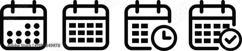 Set of four black line calendar icons showing different date grid styles with clock and checkmark symbols on white background.