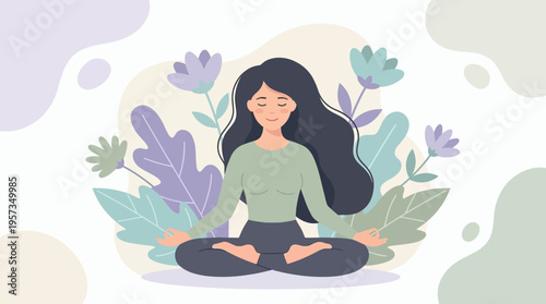 Female human resources manager practicing yoga meditation in lotus pose with floral background, concept for professional stress relief, work life balance and employee mental health wellness