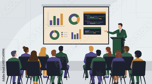 Male executive presenting growth charts and data analytics on projector screen to corporate team in seminar room, concept for business strategy, financial report and leadership training