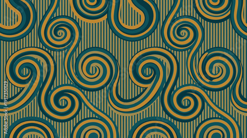 Abstract seamless pattern with teal and mustard yellow spiral swirls on a vertical striped background, concept for textile design, interior wallpaper and luxury packaging