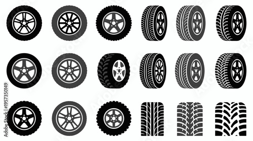 Collection of various car tire icons and rim silhouettes with different tread patterns and perspectives on white background, concept for automotive service, vehicle maintenance and tire shop