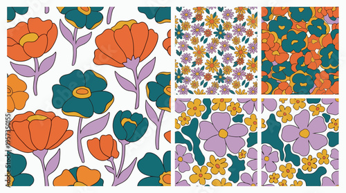 Collection of retro seamless floral patterns with colorful hand drawn blossoms in vintage seventies style, concept for textile design, gift wrapping and wallpaper background