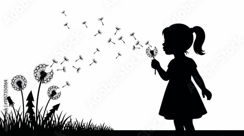 Silhouette of a little girl blowing fluffy dandelion seeds into the air on a white background, concept for branding presentation, marketing campaign and advertising