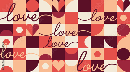 Abstract geometric Bauhaus pattern with hearts and cursive love typography in red and peach colors, concept for Valentine's Day background, romantic gift wrapping and social media marketing