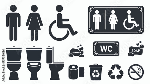 Black restroom icons including male female and handicap signs for corporate managers and office employees, concept for facility management, workplace accessibility and office infrastructure