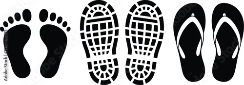 Set of black silhouettes featuring human bare footprints sneaker shoe sole treads and flip flop sandal prints on white background.
