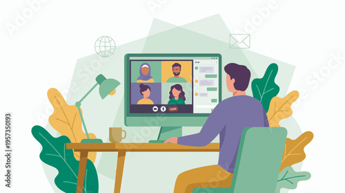 Male project manager sitting at desk having virtual meeting with diverse team on computer screen, concept for remote work communication, digital collaboration and business teleconferencing