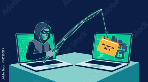 Hooded hacker criminal stealing personal data folder using fishing rod from laptop screen, concept for cyber security awareness, data privacy protection and digital crime prevention