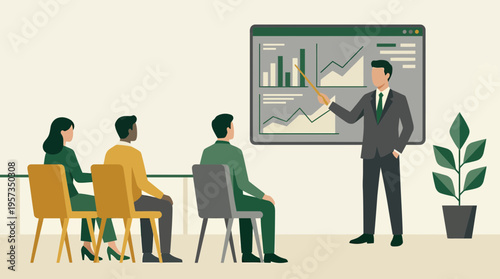 Male financial manager presenting data analytics on screen to attentive office team in minimalist office, concept for business meeting, corporate data reporting and financial planning
