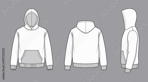 Technical fashion flat sketch of blank white hoodie with front back and side views on gray background, concept for apparel mockup, clothing manufacturing and brand identity presentation