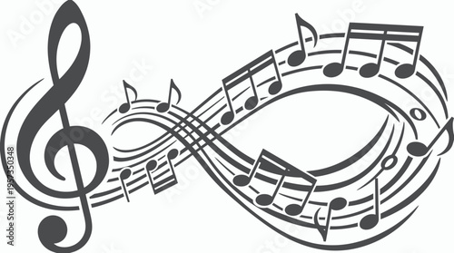 Elegant treble clef silhouette with musical notes and staff lines forming a dynamic infinity loop, concept for artistic melody, sound design and symphonic concert promotion