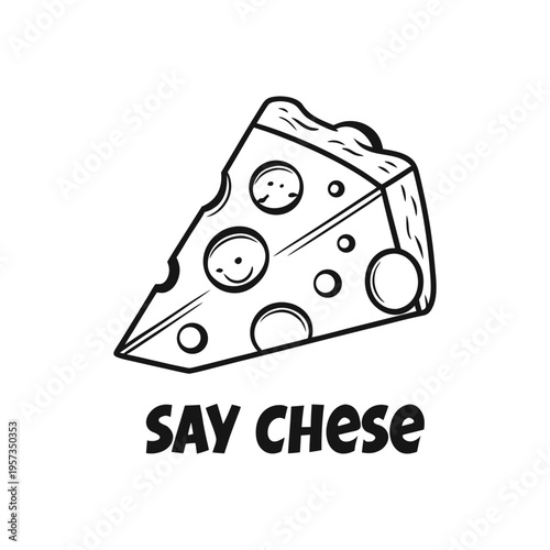 Black and white line of a cheese wedge with holes and a smiling face
