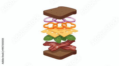 Exploded sandwich illustration with brown bread bacon spinach cheese peppers and onion isolated on white, concept for restaurant menu design culinary blogging and food advertising