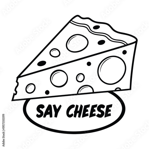Black and white line of a wedge of swiss cheese with text saying say cheese line swiss cheese