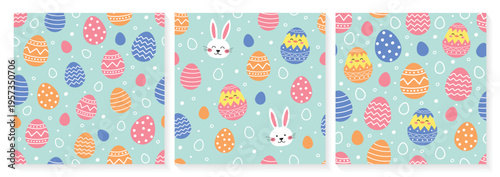 Colourful Easter seamless pattern with cute bunny, egg and chick. Set. Cartoon style background. Vector illustration