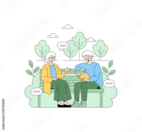Seniors Enjoying a Conversation on Park Bench Illustration