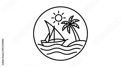 Minimalist Beach Scene with Boat and Palm Tree