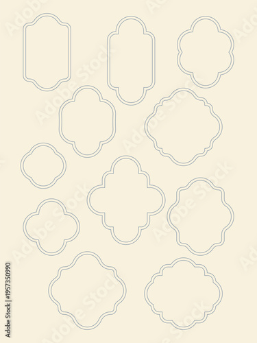 Set of thin line decorative frames in different shapes. Minimal and elegant style with clean outlines and copy space. Perfect for invitations, cards, branding, labels and packaging.