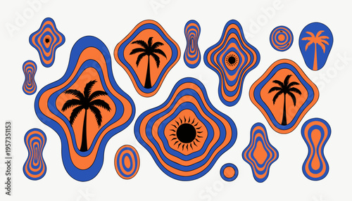 Abstract Lava Lamp Fluid Blobs with Tropical Palm Tree and Sun Silhouettes