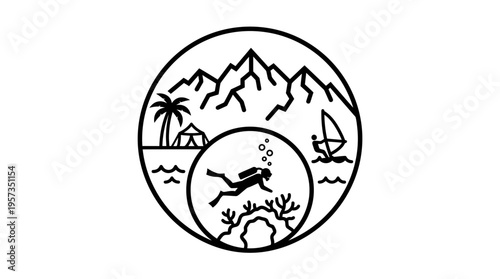 Minimalist Travel Badge Featuring Mountain Beach and Underwater Scenes