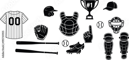 Black and White Baseball Equipment Set Icon Collection Featuring Jersey Bat Helmet Glove Ball Cleats Catcher Gear Trophy and Foam Finger for Sports Design