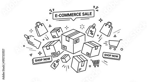 E-Commerce Sale Concept with Boxes Shopping Bags and Tags