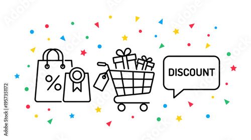 Shopping Icons with Discount Badge Gifts and Speech Bubble