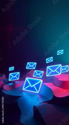 Collection of glowing blue and pink envelopes floating in a cosmic background.
