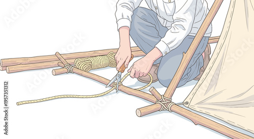 Man building a tent outdoors slowly.