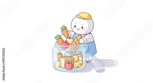 Cartoon character holding fruit basket.