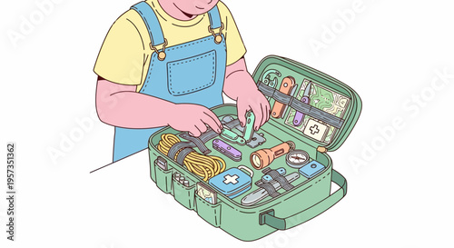 Boy with open green tool box.