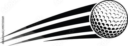 Black and white vector illustration of a golf ball flying through the air with dynamic motion speed lines isolated on a transparent white background