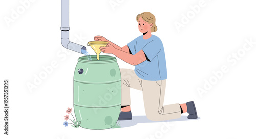 Man Kneeling Next to Rain Barrel.