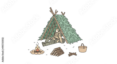 Man sitting in green camping tent.