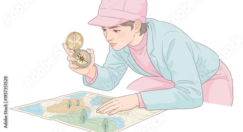 Woman studying a large map closely.